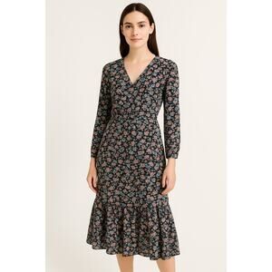 J. CREW Feminine Floral Long Sleeve V Neck Ruffle Midi Dress Size 2